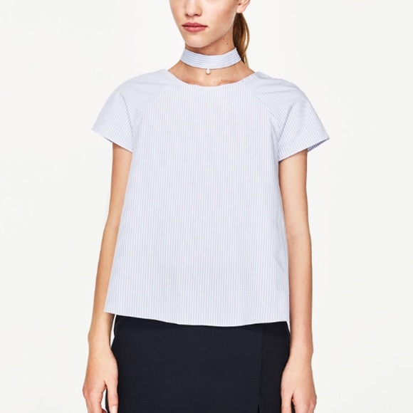 Zara Tops - ZARA Pearl Choker Short Sleeve Blouse Pinstripe